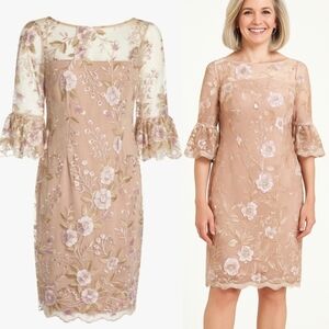 Adrianna Papell Wedding Embroidered Lace Overlay Bell Sleeve Sheath Dress Tan 14